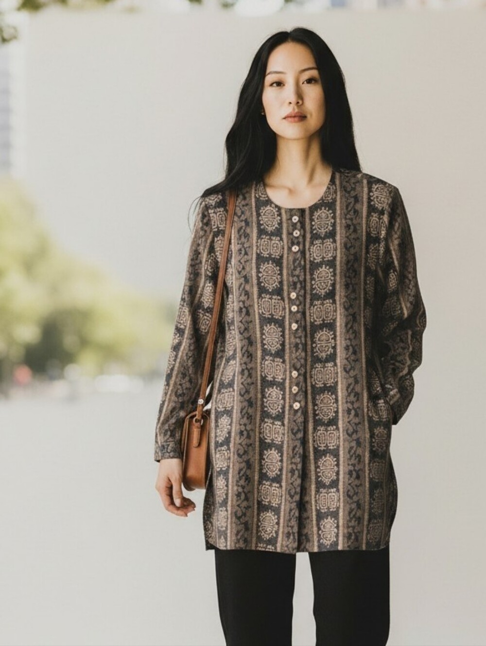 VINTAGE.  R&M Richards Black and Gold Patterned Collarless Tunic Blouse In EUC